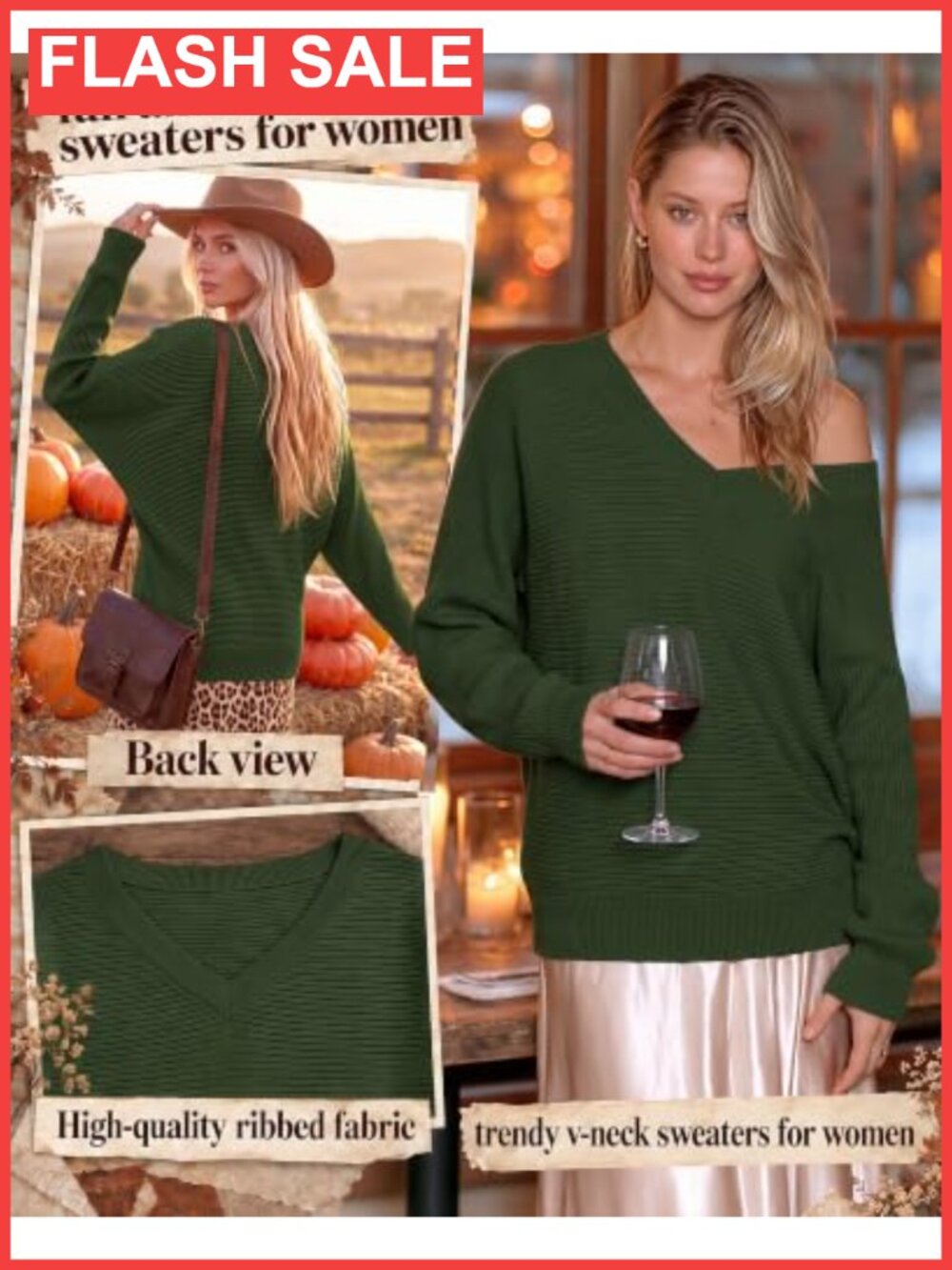Off Shoulder Oversized Sweater Batwing Sleeve V-Neck Pullover - Picture 2 of 6